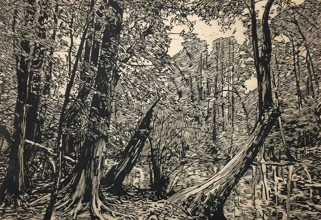 Jennifer Basile, Congaree, 2016. Hand-printed relief print on Japanese rice paper.