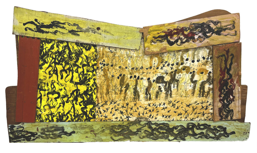 Purvis Young, Group of Figures. Paint on board and wood, ca. 1990. Donation of Mr. Richard Levine.